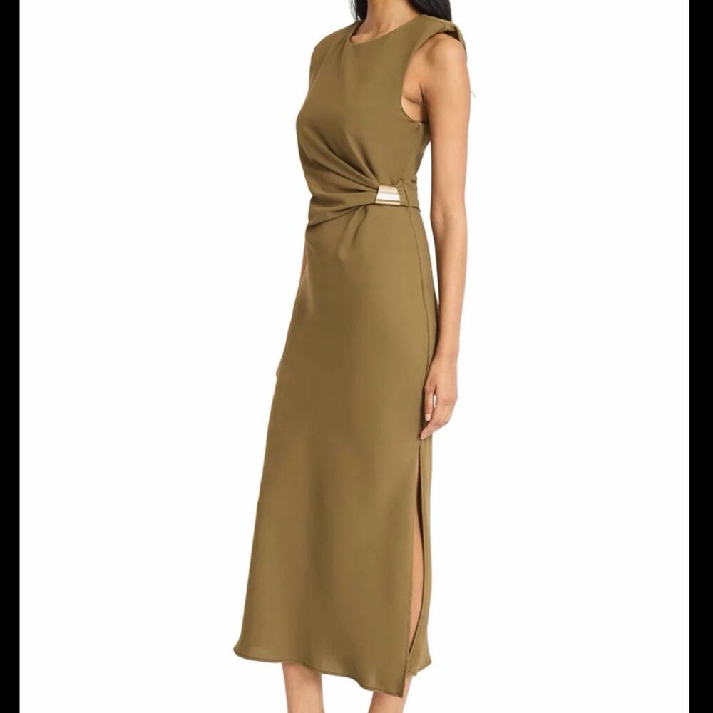 Zara olive & gold sleeveless shoulder pad midi Dress w/ draped waist size small